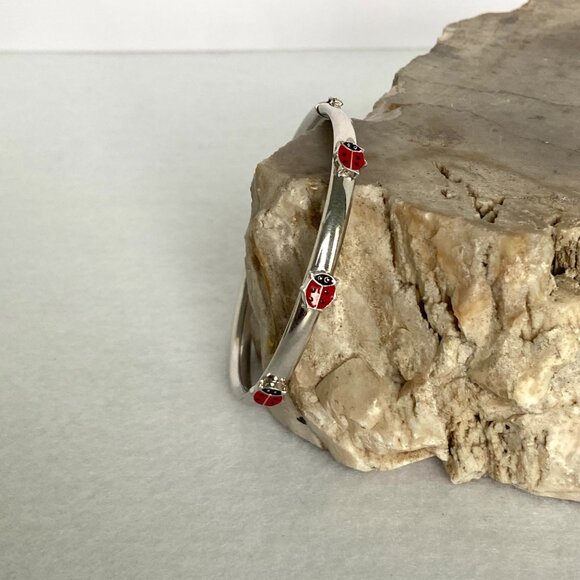 Sterling Silver 925 Youth XS Women Enamel Ladybug Oval Bangle Bracelet Sz 5.75" - Picture 8 of 16